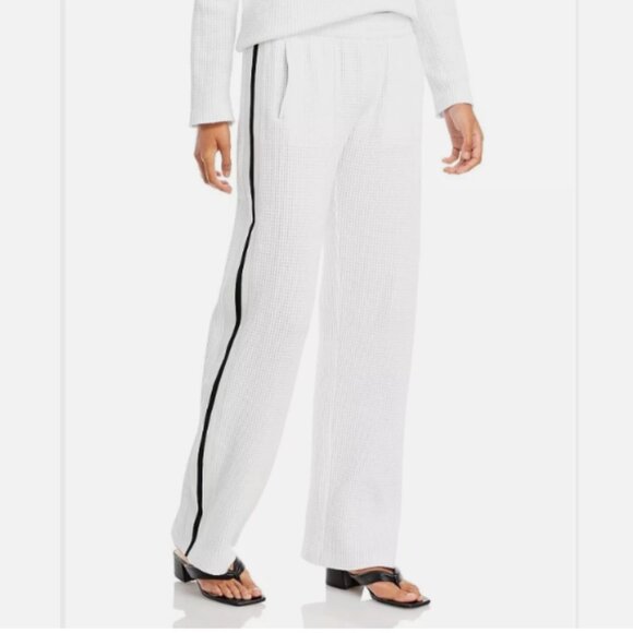 Norma Kamali Pants - Norma Kamali White Waffle Knit Track Pants Side Stripe